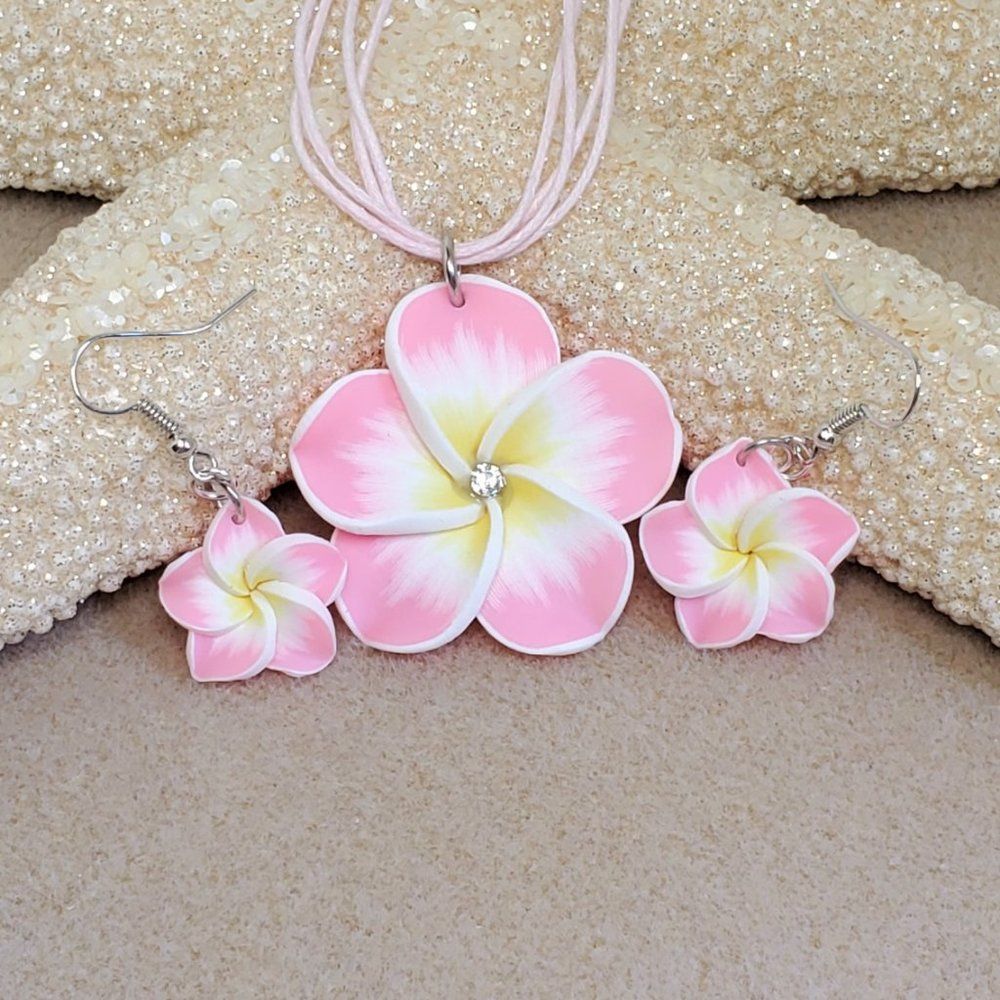 Fimo Clay Plumeria Flower Pendant Necklace Set